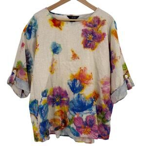 Ali Miles Linen Blend Floral Watercolor Shirt Plus Size 1X Art To Wear Lagenlook
